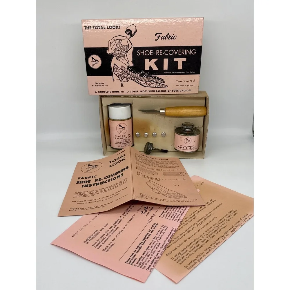 Vintage 1965‎ Kover-Kit Fabric Shoe Re-Covering Kit DIY Fashion Mid-Century Pink